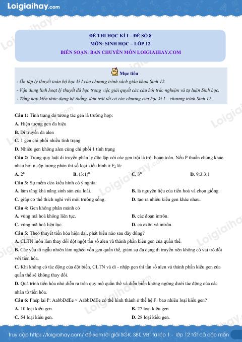 Đề số 8 - Đề kiểm tra học kì 1 - Sinh học 12
